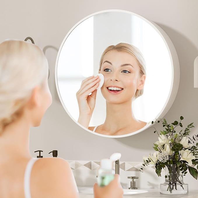 24 x 24 in Inch Round Medicine Cabinet Mirror White,Circular Bathroom Mirror with Storage Wall Mounted,Metal Framed Medicine Cabinets with Tempered Glass Adjustable Shelves for Bathroom Vanity