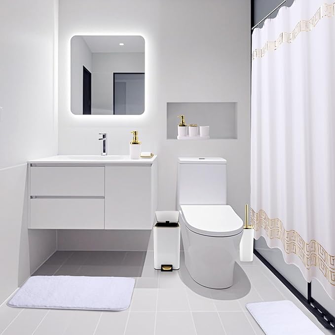 XLHOMO 11PCS Bathroom Sets with Shower Curtain and Rugs Bathroom Accessories Set White Bathroom Set,Soap Dispenser & Toilet Brush Holder Set with Stainless Steel Trash Can