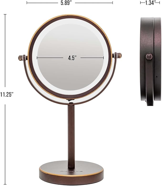 OVENTE 6" Lighted Makeup Mirror with 1X/7X Magnification, Cordless Tabletop Mount Vanity Round Mirror with 360° Swivel Design and Double Sided Cool Tone LED Ring Light, Antique Bronze MLT60ABZ1X7X