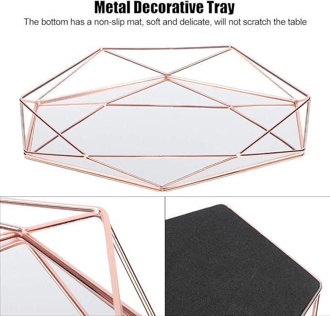Organizer Tray,Makeup Organizer,Bathroom Sixangle Mirror Metal Gold Cosmetic Jewelry Storage Organizer Tray Box Plate for Makeup Brushes Perfume Lipsticks Nail Polish Makeup Holder(Rose Gold)