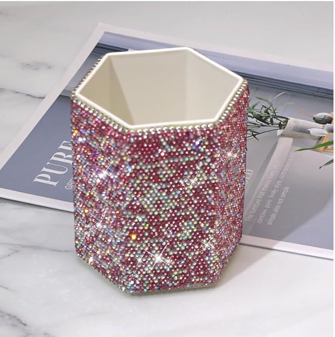 Luxury Crystal Rhinestone Pen Holder Makeup Brush Organizer - Sparkling and Fashionable Desk Organizer for Bling Lovers (Pink)