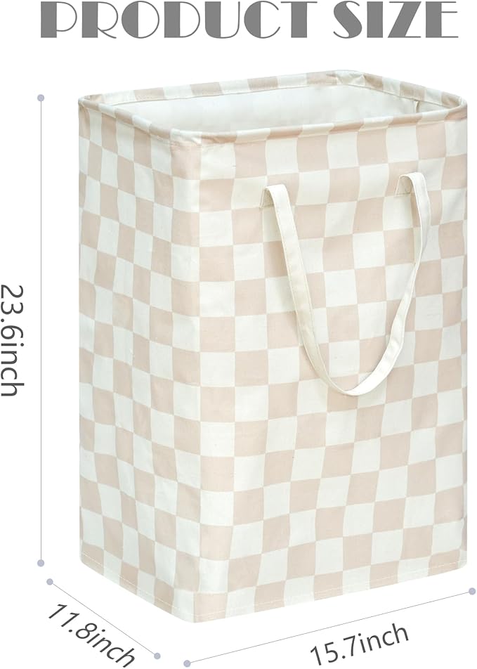 MAIZMZ Beige Checkered Laundry Basket Girls Hamper Storage Bins Organizer Toy Box Large Canvas Collapsible Chest for Home/Dorm/Kitchen/Pet/Office/Closet/Shelf/Gift Baskets