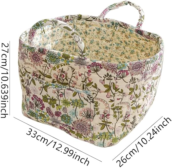 Quilted Fabric Storage Basket Boho Floral Laundry Hamper with Handle Foldable Floral Basket Organizer for Car Bedroom
