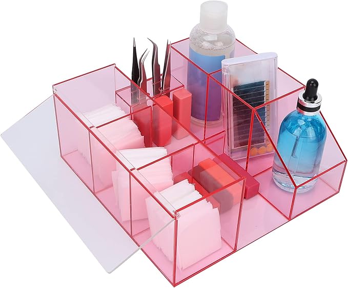 Eyelash Beauty Organizer, Acrylic Eyelash Grafting Tool Storage Beauty Tool W/Tweezers Holder Display Boxes for Home Eyelash Salon (Transparent Pink)