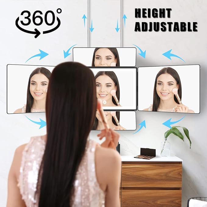 OLIBUY 5 Way Mirror, 360 Mirror for Self Hair Cutting and Brading Hair, Clear Anti-Fog HD Glass, USB Rechargeable, Portable Height Adjustable Telescoping Hooks