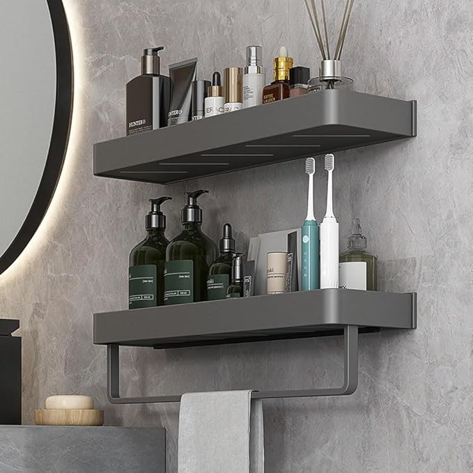 Wall Mounted Bathroom Shelves, 2-Tier Floating Shelf with Removable Hooks, Bathroom Wall Organizer(Gray)