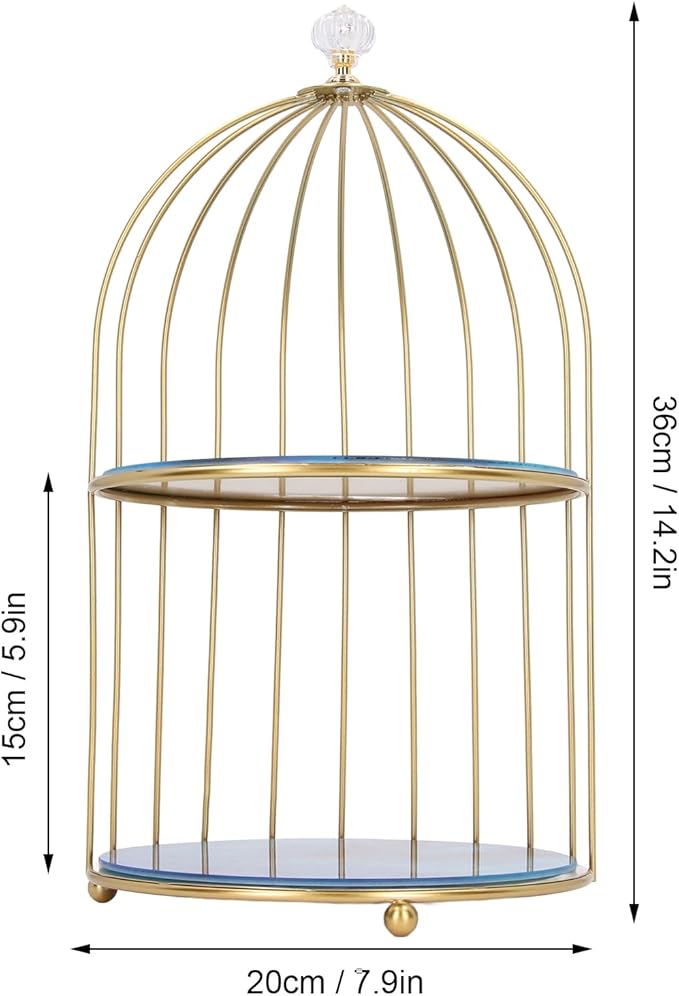 Double Layer Storage Shelf Bird Cage Organizer Display Rack for Bathroom Countertop Dressing Table Gold Frame (Agate Stone Pattern)
