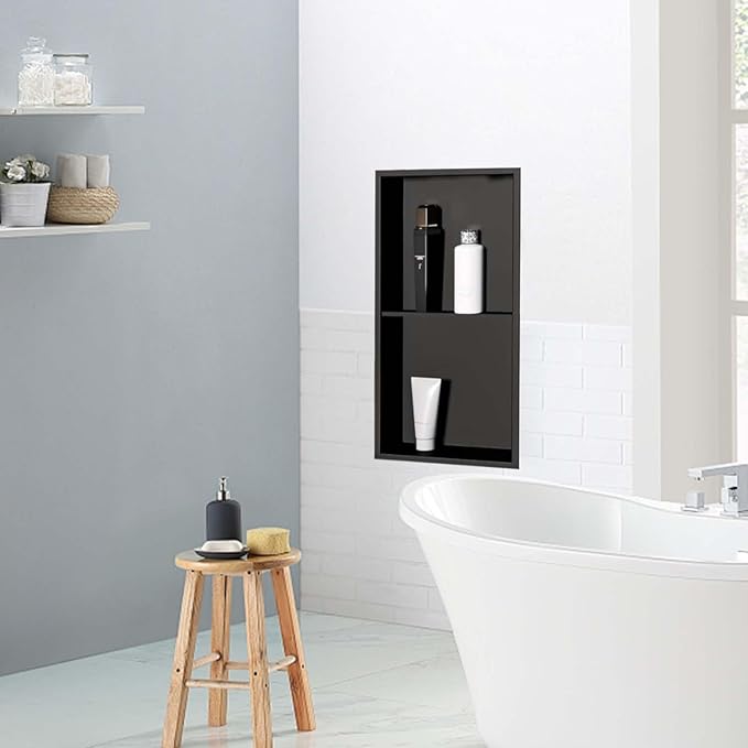 No Tile Shower Niche Stainless Steel Wall Niche 12" X 24" Two-Tier Bathroom Shelf No Tile Needed Recessed Niche Shower for Bathroom Storage, Matte Black