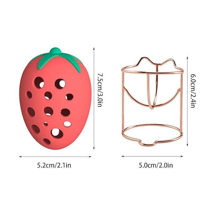 Makeup Sponge Holder Strawberry-shaped Stylish Cosmetic Sponge Storage Case Stainless Steel Makeup Tool Compact & Lightweight Travel-Friendly Cute & Portable Silicone (B「Pink + Rose Gold」)