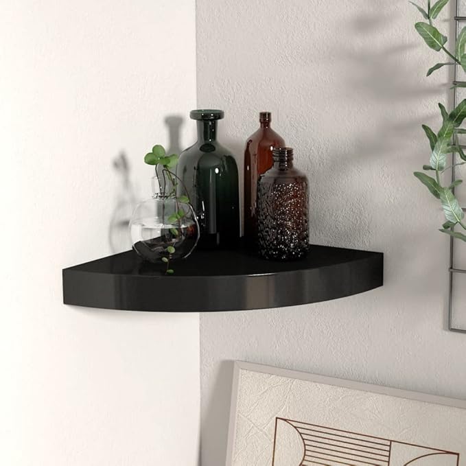 Floating Corner Shelf 9.8x9.8 Inch Black Honeycomb MDF Wall Mount Shelf with Invisible Bracket - Space-Saving Storage Solution for Bathroom Bedroom Living Room Decor