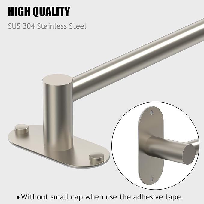 Towel Bar, Adjustable 14.4inch - 25.2inch Towel Rack, Self Adhesive & Wall Mounted for Bathroom Kitchen Hand Towel Holder Cloths Hanger SUS 304 Stainless Steel Single Bar (2, Brushed Nickel)