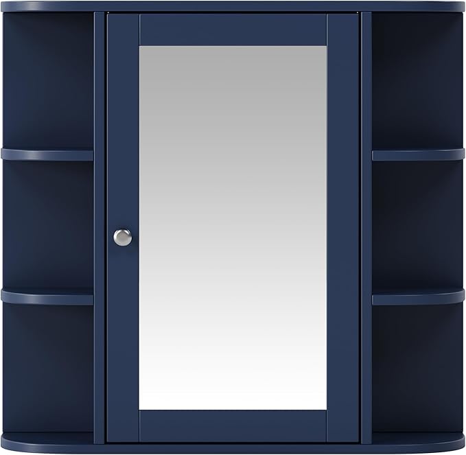 Merax Bathroom Wall Storage Cabinet with Mirror, 26 Inch Medicine Cabinet with Mirror Doors & Adjustable Wood Shelf, Space-Saving Modern Mounted Storage Cabinets with 6 Open Shelves, Blue