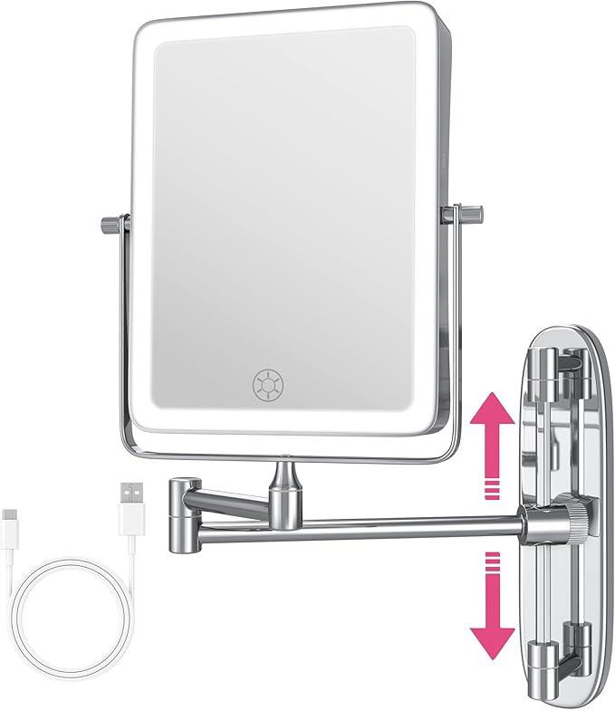 Wall Mounted Lighted Makeup Mirror, Rectangle Double Sided 1X/7X Magnifying Bathroom Height Adjustable Mirror, Rechargeable 3 Color and Dimmable Lights, Extended Arm 360 Rotation Shaving Vanity Mirror