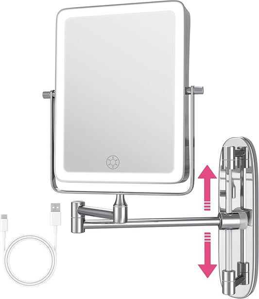 Wall Mounted Lighted Makeup Mirror, Rectangle Double Sided 1X/7X Magnifying Bathroom Height Adjustable Mirror, Rechargeable 3 Color and Dimmable Lights, Extended Arm 360 Rotation Shaving Vanity Mirror
