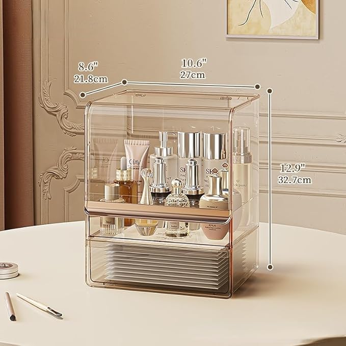Makeup Organizer with Lid Drawers Translucent Skincare Holder Large Capacity Cosmetics Countertop Storage Box for Vanity Easy Visibility Dustproof (Gold Clear,Large Organizer)