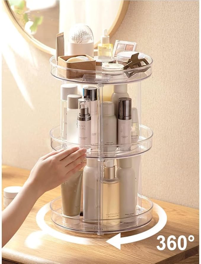 ROWNYEON 360 Rotating Makeup Organizer,3 Tier Skincare Organizers Spinning Organizer Bathroom Counter Organizer Perfume Organizer Kitchen Storage |10.6 Inches | Clear