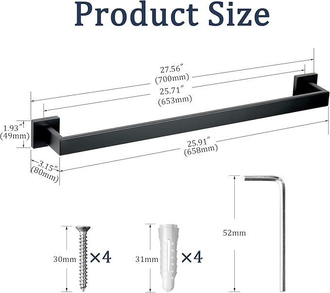 SEIDO 28 Inch Matte Black Towel Bar, Heavy Duty & Rust-Proof 304 Stainless Steel Bath Towel Holder, Modern Square Wall Mounted Towel Rack for Bathroom, Kitchen, RV