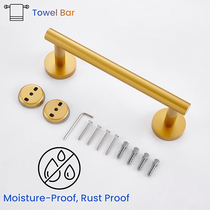 Miyili 9 Inches Hand Towel Bar Bathroom Towel Holder Kitchen Hanger SUS304 Stainless Steel Wall Mount Gold Finish, A01G23A