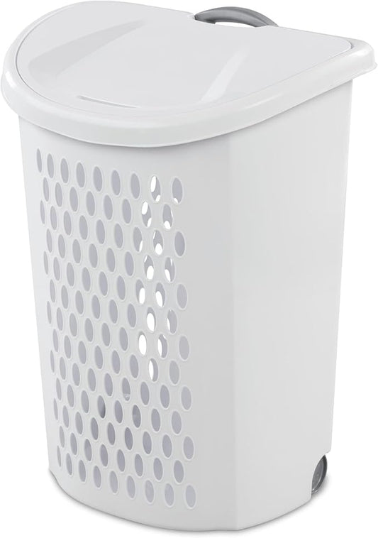 2-Bushel Capacity Laundry Basket With Wheels and Lid,Plastic Rolling Laundry Hampers,Retractable handle,White,Suitable for use in Home and Dormitories