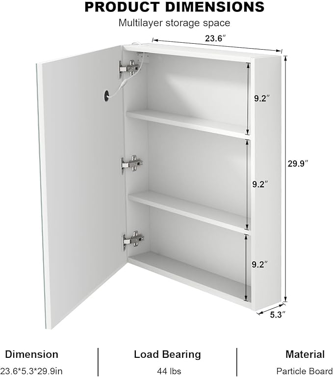Lighted Medicine Cabinet with Mirror,3-Color Control,Mirror Medicine Cabinet with Storage Wall Mounted,Surface Mount Mirror Cabinet with Defogging,24x30 Inch