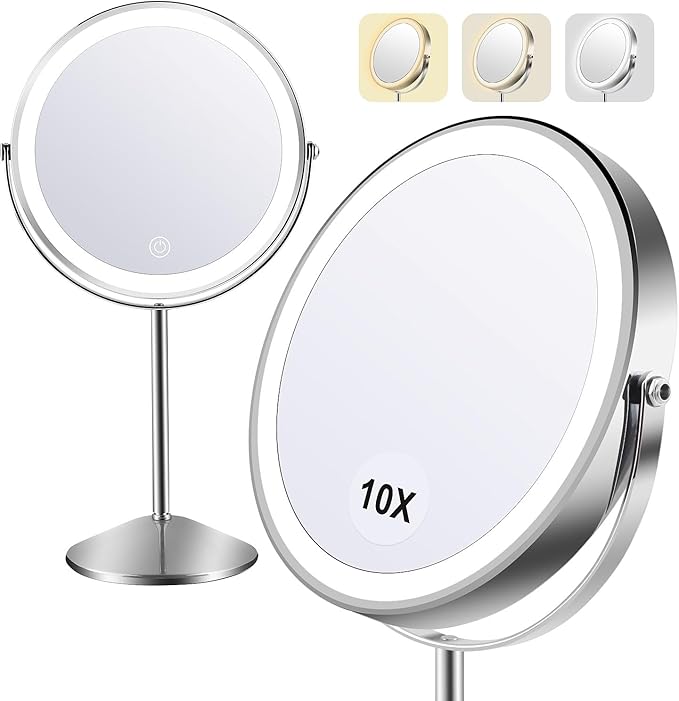 Flymiro Lighted Makeup Mirror,1x/10x Magnifying Vanity Mirror with Light,3000 mAh Rechargeable Light up Mirror,3 Colors Brightness Adjustable, 2-Sided, 8" Round,360° Rotation, Gift for Women