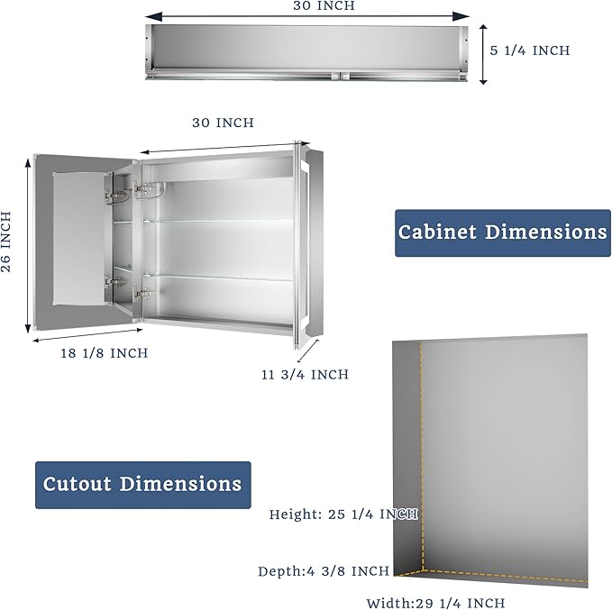 ExBrite LED Lighted Bathroom Medicine Cabinet with Mirror, 30 x 26 Inch, Recessed or Surface Mount, Anti-Fog, Stepless Dimming, Color Temperature Change, Built-in 6000K Sensor Light, Storage Shelves