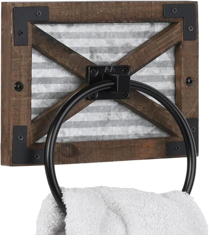 Autumn Alley Farmhouse Hand Towel Ring for Bathroom with Bracket - Bath Towel Rings Holder - Towel Rings for Bathroom Wall Mounted Decor Mix of Wood, Galvanized Metal & Black Rings