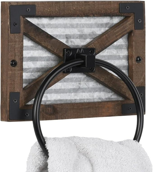 Autumn Alley Farmhouse Hand Towel Ring for Bathroom with Bracket - Bath Towel Rings Holder - Towel Rings for Bathroom Wall Mounted Decor Mix of Wood, Galvanized Metal & Black Rings