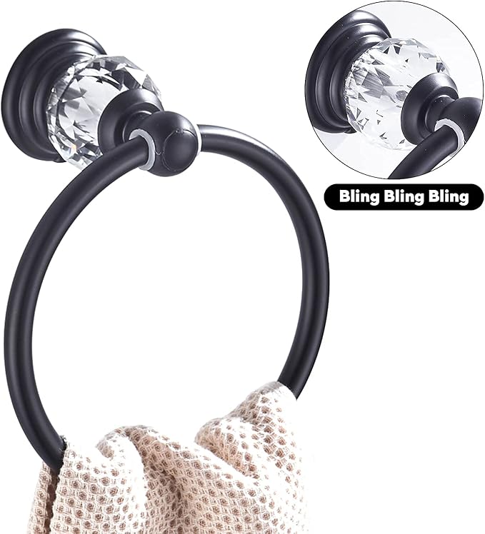 WINCASE Crystal Towel Ring, Black Hand Towel Holder, Bathroom Round Towel Hanger Racks Wall Mount Matte Black