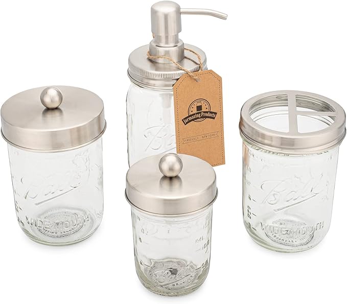 Jarmazing Products Ball Mason Jar Bathroom Gift Set (4 pcs) - Lotion/Soap Dispenser, Toothbrush Holder, Q-Tip Storage Jars - Farmhouse Home Decor for Vanity Organization - Stainless Steel