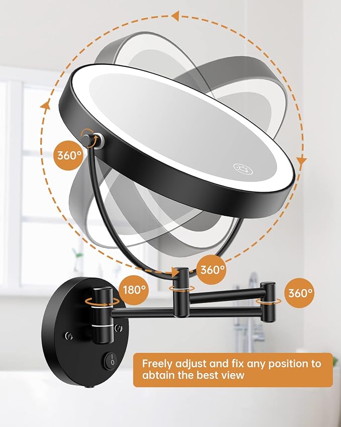 Benbilry 9" Large Wall Mounted Lighted Makeup Mirror, 1X/10X Magnifying 2-Sided AC Plug-in Powered Bathroom Mirror with 3 Color Lights, Touch Dimmable, Extended Arm 360° Rotation, 【Black】