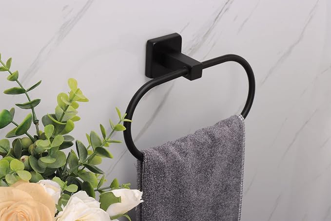 TocTen 2 Pieces Towel Ring/Hand Towel Rack - Thicken SUS304 Stainless Steel Bathroom Hand Towel Holder Heavy Duty Unique Oval Hand Towel Hanger Wall Mounted for Bathroom Kitchen Sink（Matte Black）