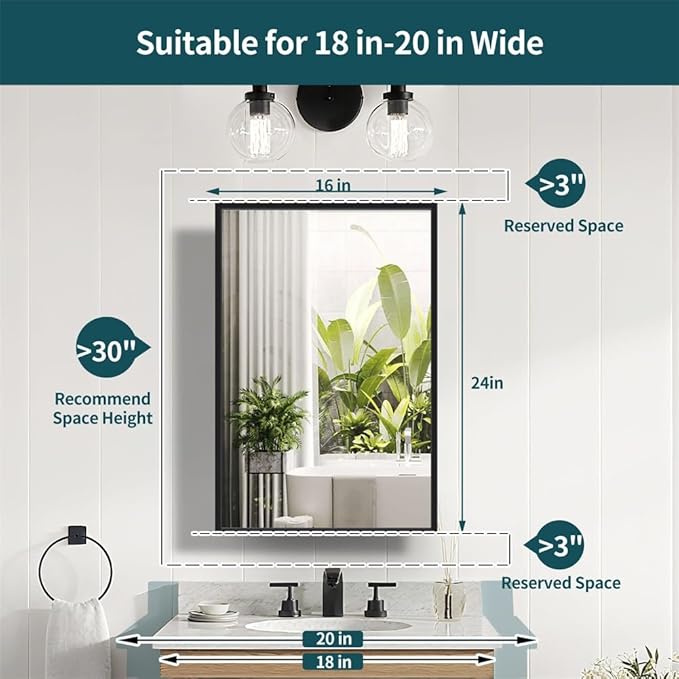 Movo Medicine Cabinet with Mirror, 16 inch x 24 inch Black Metal Framed Recessed Bathroom Medicine Cabinet Wall Mounted with Mirror