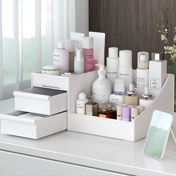 skin care organizer,Makeup Desk Organizer With Drawers,Countertop Organizer for Cosmetics,Vanity brush with Holder for Lipstick, Brushes, Eyeshadow, and Jewelry Desktop Finishing Dresser (White)