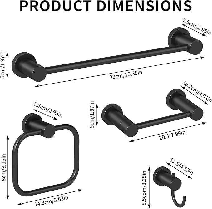 STWWO 4-Pieces Bathroom Hardware Set Black, Stainless Steel 16 Inch Towel Bar Set, Towel Racks for Bathroom Wall Mounted