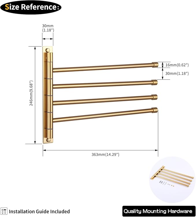 GERZWY Wall Mount Bath Towel Rack with 4 Arms Hanger Towel Holder Bathroom Swing Arm Towel Bars Organizer Stainless Steel Gold Finished HYG04-BE