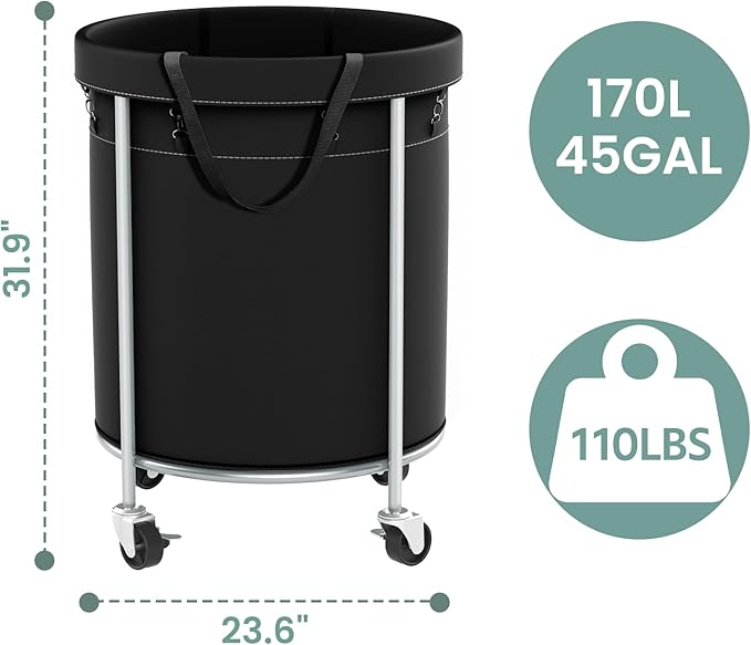 Aduanbang 170L Laundry Basket with Wheels, Rolling Hamper with Removable Bag & Steel Frame, Round Laundry Cart with 4 Casters & 2 Brakes, Ideal for Bedroom, Bathroom & Laundry Room