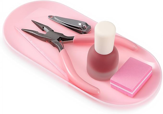 SynHHergyx Pink Nail Tray Oval Plastic Nail Art Dish Manicure Tool Tray Display Jewelry Organizer Trays for Nails Tools, Jewelry Storage, Bathroom Vanity, Countertop Decor, Small Decorative Plate