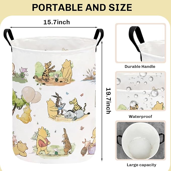 Greatingreat Winnie Baby Laundry Basket, Foldable Small Hamper with Canvas & PE Coating, Collapsible Portable Clothes Organizer for Nursery, Home, Bedroom Storage (White)