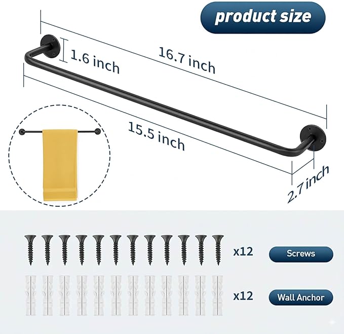 2 Packs Towel Bar 16-Inch Black Stainless Steel, Wall Mounted Bathroom Towel Rack with Mounting Screws, Rustproof