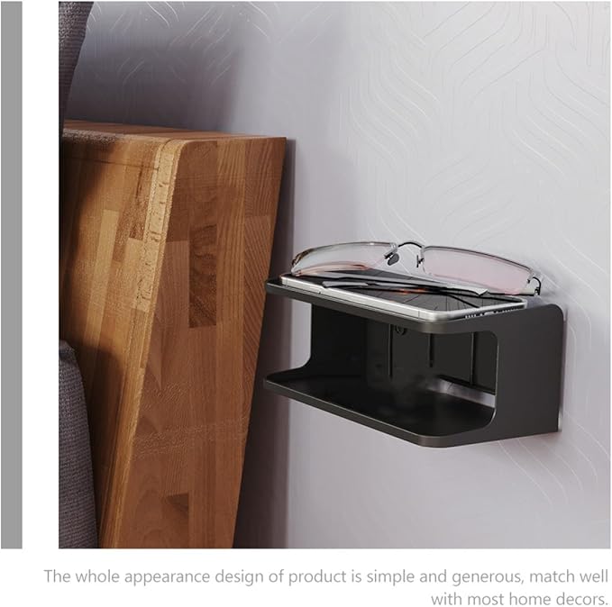BESPORTBLE Double Layer Bedside Shelf Wall Organizer Floating Storage Rack for Bathroom Kitchen Office Space-Saving Black Wall-Mounted Shelf with Upper Tray for Mobile Phones and Personal
