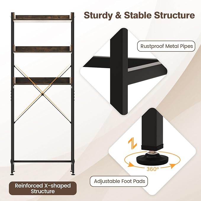 Giantex Over The Toilet Storage Rack, 3-Tier Bathroom Space Saver Organizer with Adjustable Bottom Bar to Fit Most Toilets, Freestanding Above Toilet Storage Rack, Easy Assembly (Brown + Black)