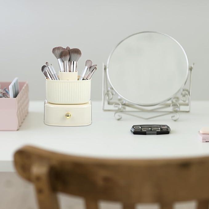 NOLITOY Makeup Brush Holder Organizer, 360?? Rotating Cosmetic Organizer with Drawer 5 Slot Makeup Brushes Cup for Countertop Dresser Bathroom Bedroom