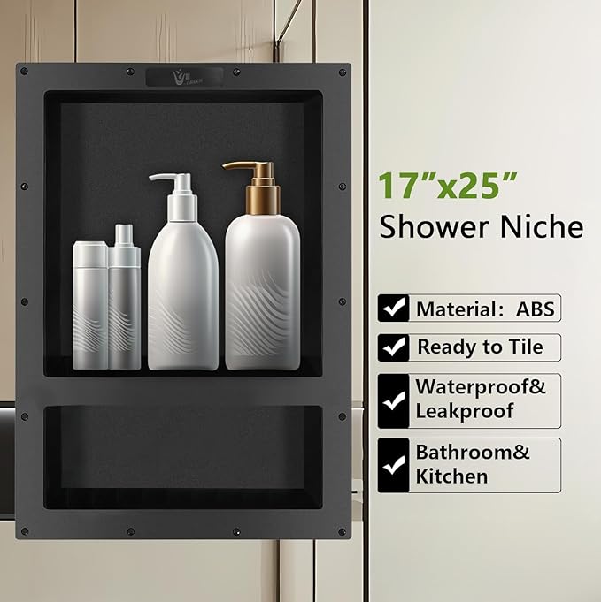 Uni-Green Ready Tile Double Shelf Shower Niche 25" x 17" x 4" Dimensions - Toiletry and Bathroom Niche Storage- Simple Installation with Texture Surface Shower Cubby Double Shelves