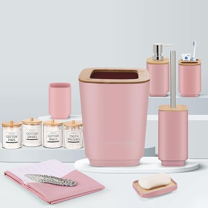IMAVO 11 Piece Pink Bathroom Set, Trash Can, Toilet Brush, Storage Tray, Complete Bathroom Accessories Organization Kit for Bathroom Décor and Home Gifts