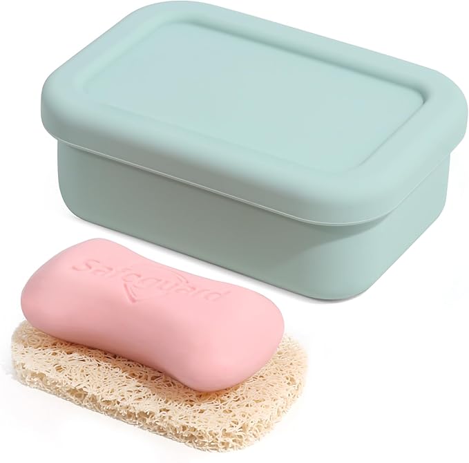 HighHerz Leak Proof Silicone Travel Soap Case with Draining Tray - Bar Soap Holder for Travel, Gym & Camping - Mess-Free Portable Soap Container for Carry-on Bags (Mint Green)