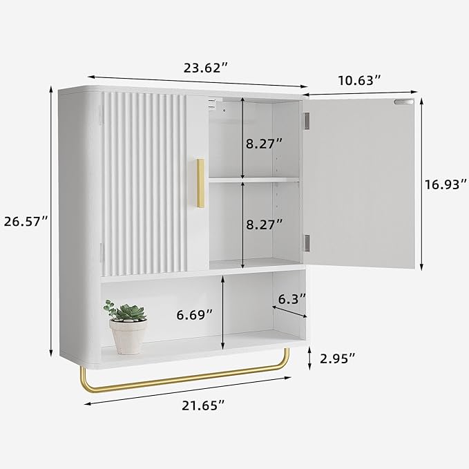 Memobarco Bathroom Cabinet Wall Mount with Fluted Door Panel & Adjustable Shelf, Medicine Cabinet with Open Partition and Towel Bar, Wall Storage Cabinet for Laundry Room & Kitchen (White)