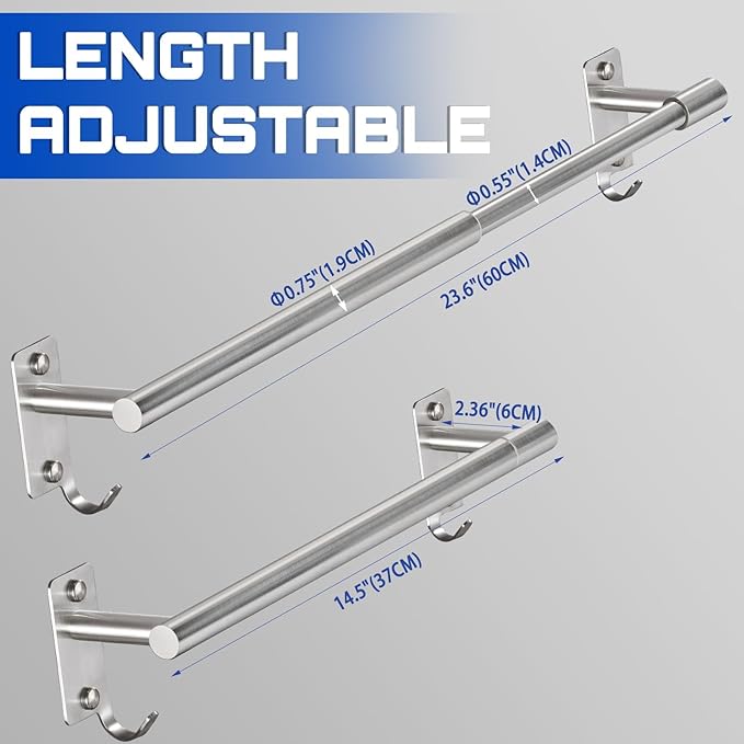 Adjustable Towel Rack for Bathroom, Stainless Steel Sturdy Towel Bar Rod (14.5”-23.6”) Wall Mount, Rustproof Towel Holder with Hanger Hook, Space-Saving Towel Rail for Bathroom Kitchen - Brushed
