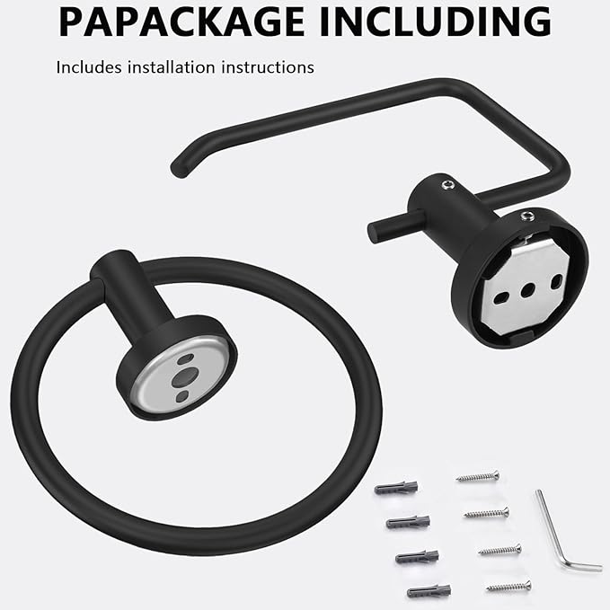 Towel Ring and Toilet Paper Holder Set, Stainless Steel Bath Towel Hanger and Tissue Roll Holders, Bathroom Hardware Accessories Wall Mounted 2 Pieces (Matte Black)