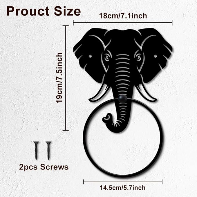 MAYJOYDIY Elephant Metal Towel Ring Round Animal Hand Towel Holder Ring Hanger Wall Mount Black Vintage Towels Wall Organizer for Kitchen Bath Home Laundry Room Decors Gifts